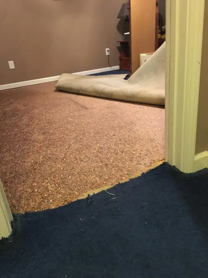 Carpet pad removal revealing water damage during Water Mitigation Services in Redan